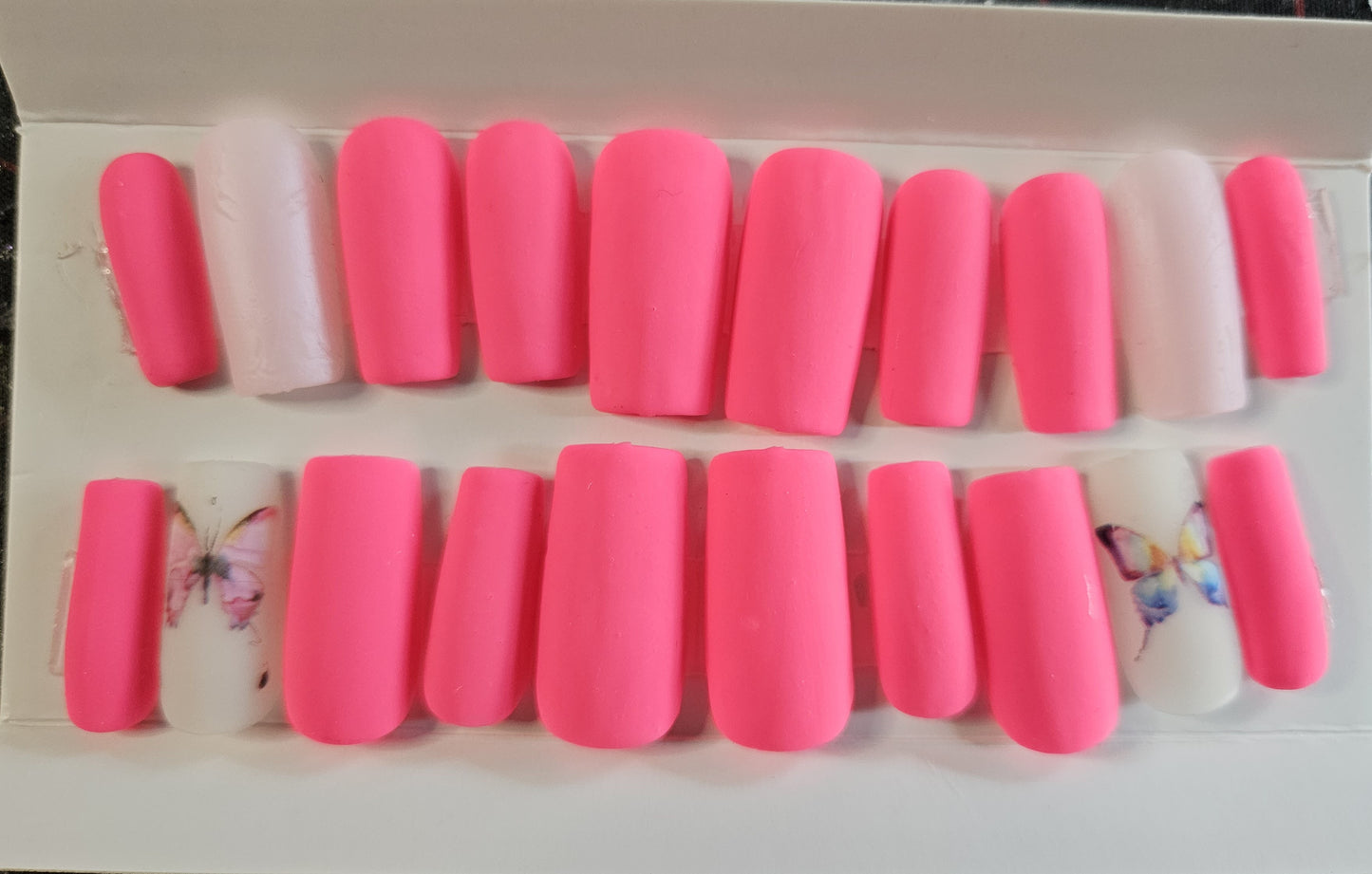 Hot Pink Butterfly Matte Square Shaped Press-On Nails Set