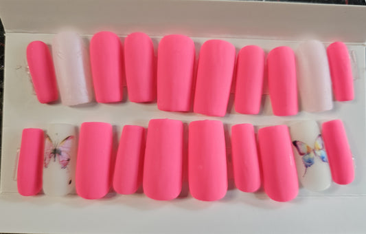 Hot Pink Butterfly Matte Square Shaped Press-On Nails Set