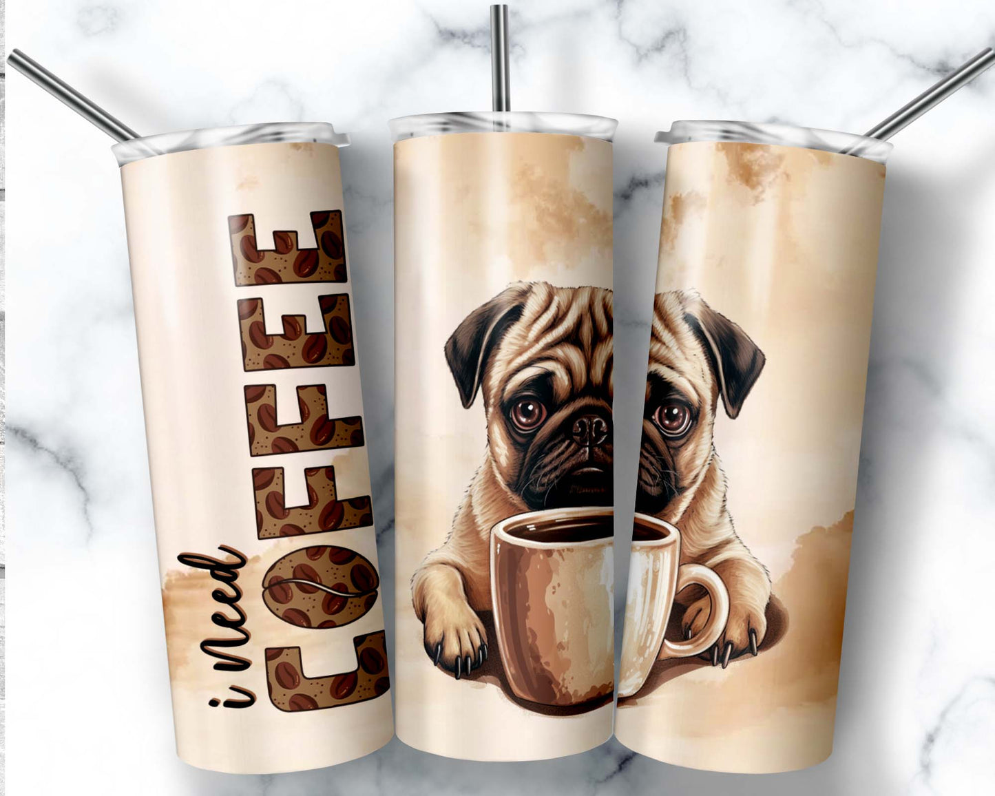 I Need Coffee Pug 20 oz. Skinny Tumbler