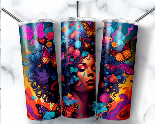 African Woman Butterflies & Flowers 20 oz. Skinny Tumbler