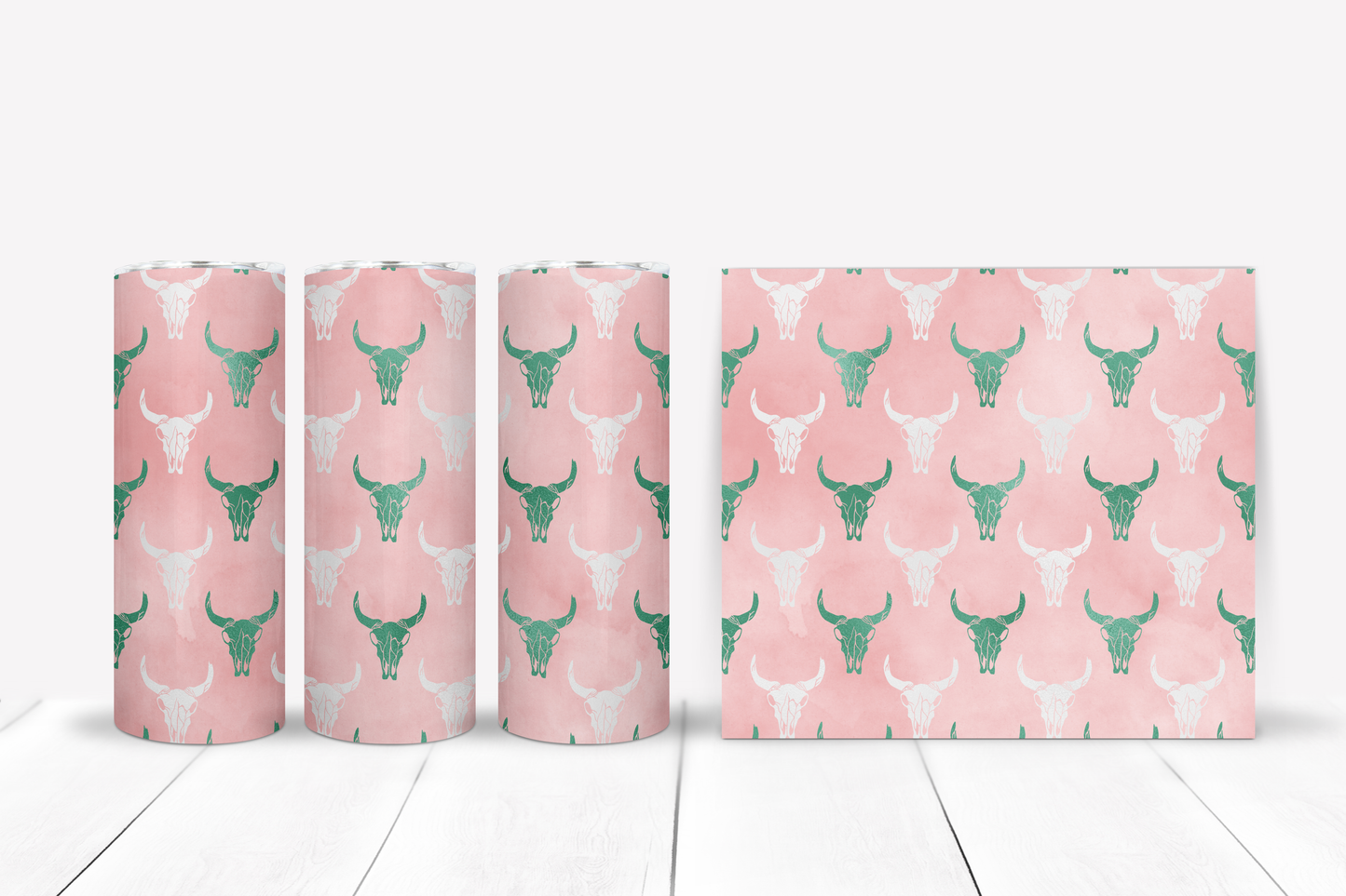 Pink, Green & White Cow Skull Cowgirl Tumbler