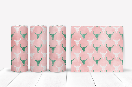 Pink, Green & White Cow Skull Cowgirl Tumbler