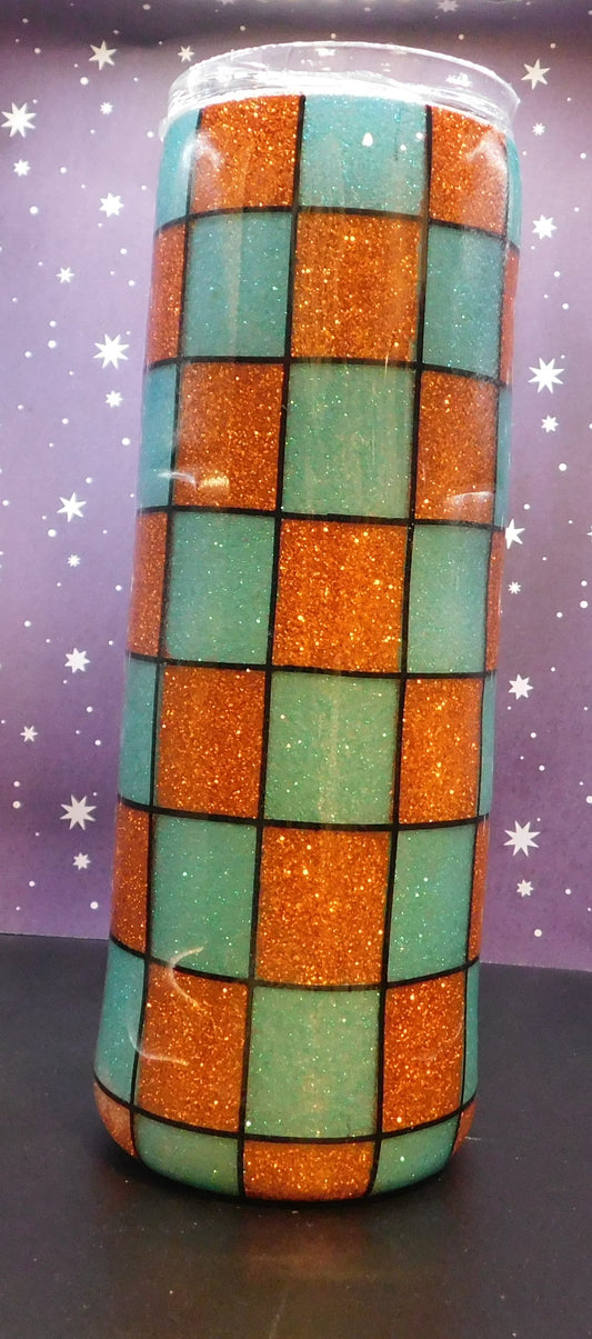 Teal & Copper Glittered Checkered 20 oz. Skinny Tumbler